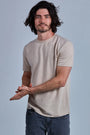 ONNO hemp t-shirt in Sand Unpatched, Nic is 5'11" and wearing size M.