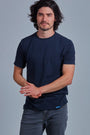 ONNO hemp t-shirt, in Lapis. Nic is 5'11" and wearing size M.