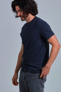 ONNO hemp t-shirt, in Lapis. Nic is 5'11" and wearing size M.