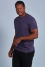 ONNO hemp t-shirt in Dirty Purple, Golden is 6'0" and wearing size L.