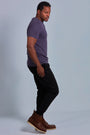 ONNO hemp t-shirt in Dirty Purple, Golden is 6'0" and wearing size L.