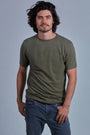 ONNO hemp t-shirt in Cypress, Nic is 5'11" and wearing size M.