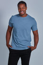 ONNO hemp t-shirt in Steel Blue, Golden is 6'0" and wearing size L.
