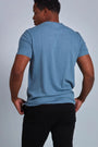ONNO hemp t-shirt in Steel Blue, Golden is 6'0" and wearing size L.