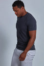 ONNO hemp t-shirt in Slate, Golden is 6'0" and wearing size L.