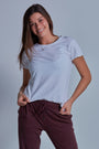 ONNO hemp t-shirt in White Unpatched, Caroline is 5'8" and wearing size S.