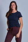 ONNO hemp t-shirt in Lapis Unpatched, Caroline is 5'8" and wearing size S.