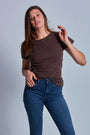 ONNO hemp t-shirt in Espresso Unpatched, Caroline is 5'8" and wearing size S.
