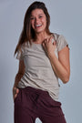 ONNO hemp t-shirt in Sand, Caroline is 5'8" and wearing size S.