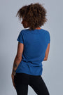 ONNO hemp t-shirt in Earth Blue, Sage is 5'7" and wearing size XS.