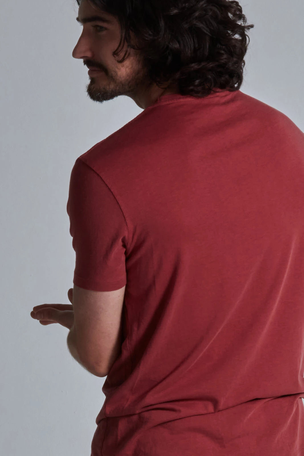 ONNO lyocell bamboo t-shirt in Brick, Nic is 5'11" and wearing size M.