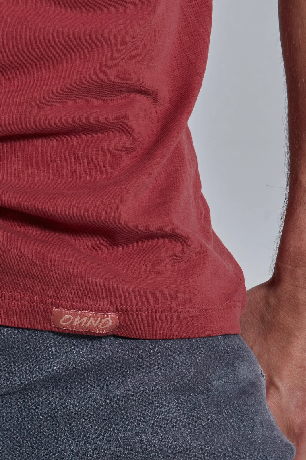 ONNO lyocell bamboo t-shirt in Brick, Nic is 5'11" and wearing size M.