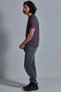 ONNO lyocell bamboo t-shirt in Dirty Purple, Nic is 5'11" and wearing size M.
