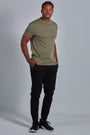 ONNO lyocell bamboo t-shirt in Cypress, Golden is 6'0" and wearing size L.