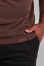 ONNO lyocell bamboo t-shirt in Espresso, Golden is 6'0" and wearing size L.