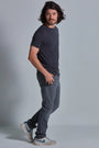 ONNO lyocell bamboo t-shirt in Charcoal Blue, Nic is 5'11" and wearing size M.