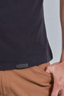 ONNO lyocell bamboo t-shirt in Charcoal Blue, Nic is 5'11" and wearing size M.