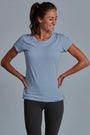 ONNO beechwood t-shirt in Sky Blue, Christina is 5'9" and wearing size S.