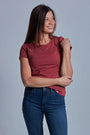 ONNO beechwood t-shirt in Brick, Caroline is 5'8" and wearing size S.