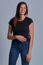 ONNO beechwood t-shirt in Black, Caroline is 5'8" and wearing size S.
