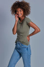 ONNO beechwood t-shirt in Cypress, Sage is 5'7" and wearing size XS.