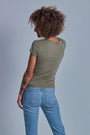 ONNO beechwood t-shirt in Cypress, Sage is 5'7" and wearing size XS.