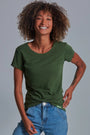 ONNO beechwood t-shirt in Moss Green, Sage is 5'7" and wearing size XS.