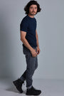 ONNO organic cotton t-shirt in Lapis Unpatched, Nic is 5'11" and wearing size M.