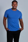 ONNO organic cotton t-shirt in Blue Ink Unpatched, Golden is 6'0" and wearing size L.
