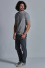 ONNO organic cotton t-shirt in Heathered Granite, Nic is 5'11" and wearing size M.