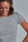 ONNO organic cotton t-shirt in Heathered Granite, Christina is 5'9" and wearing size S.