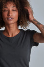 ONNO organic cotton t-shirt in Heathered Basalt, Sage is 5'7" and wearing size XS.