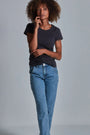 ONNO organic cotton t-shirt in Charcoal Blue, Sage is 5'7" and wearing size XS.