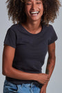 ONNO organic cotton t-shirt in Charcoal Blue, Sage is 5'7" and wearing size XS.