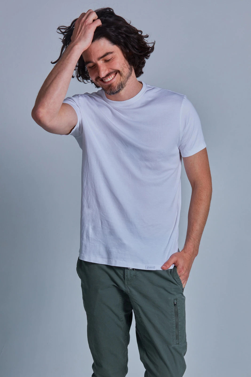 ONNO pima cotton t-shirt in White, Nic is 5'11" and wearing size M.