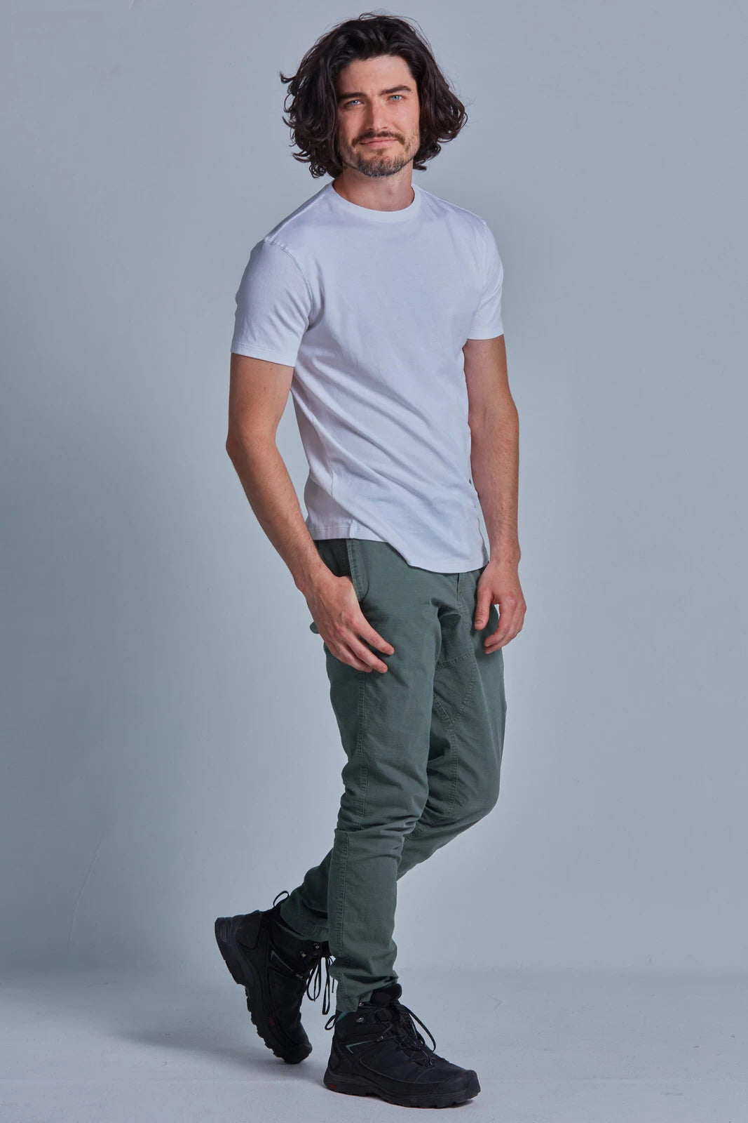 ONNO pima cotton t-shirt in White, Nic is 5'11" and wearing size M.