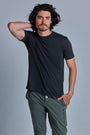 ONNO pima cotton t-shirt in Heathered Basalt, Nic is 5'11" and wearing size M.