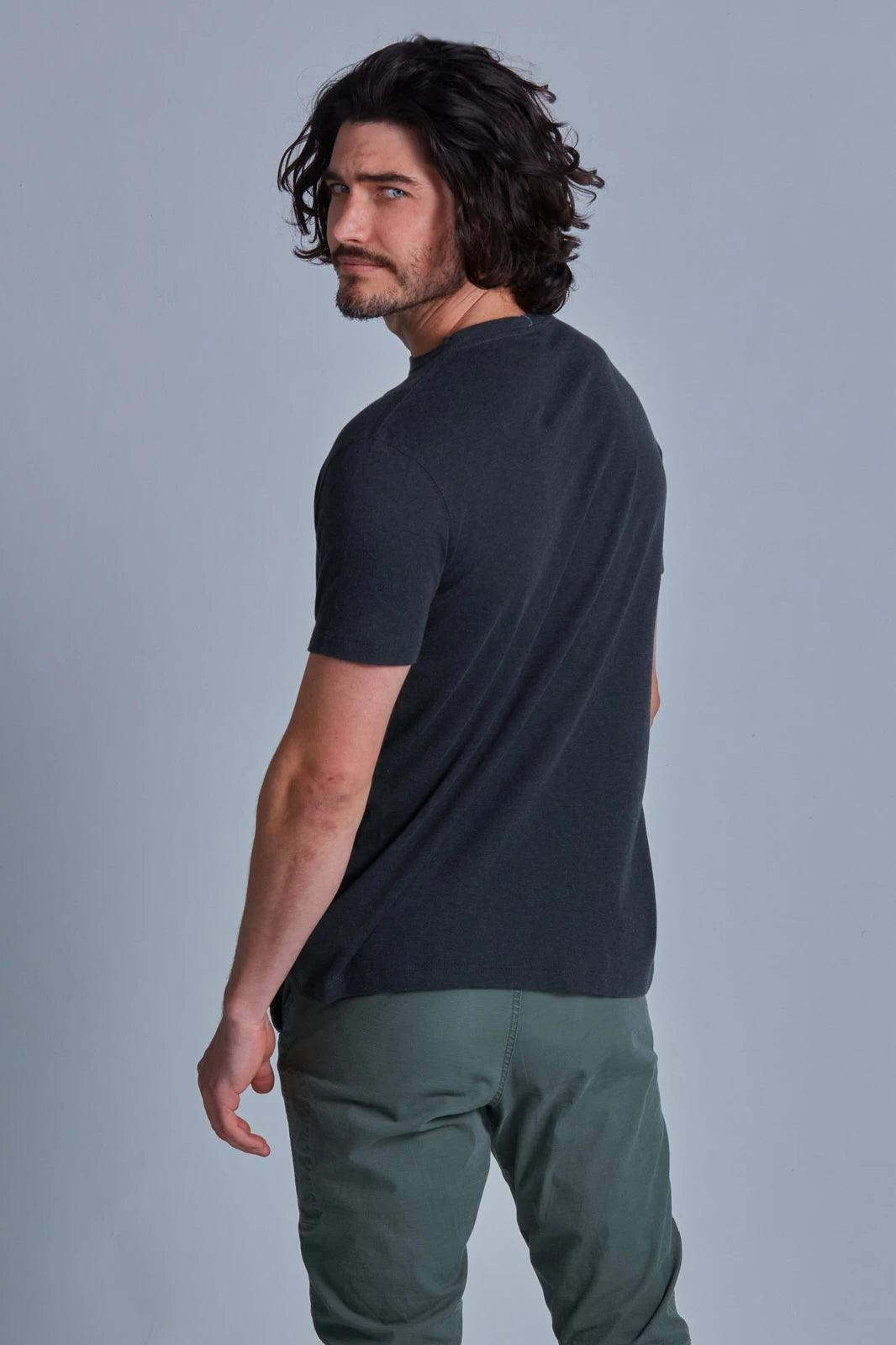 ONNO pima cotton t-shirt in Heathered Basalt, Nic is 5'11" and wearing size M.