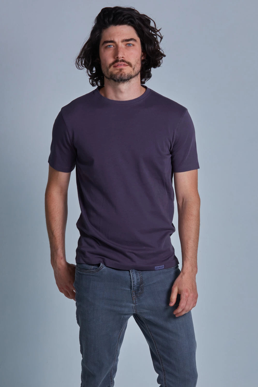 ONNO pima cotton t-shirt in Dirty Purple, Nic is 5'11" and wearing size M.
