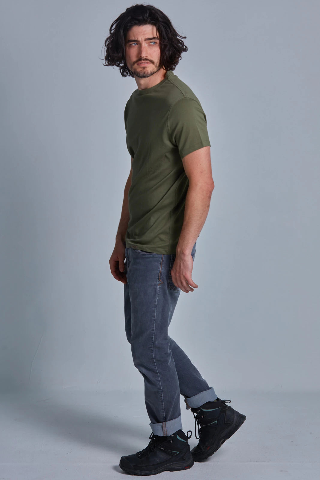 ONNO pima cotton t-shirt in Cypress, Nic is 5'11" and wearing size M.