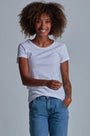 ONNO pima cotton t-shirt in White, Sage is 5'7" and wearing size XS.
