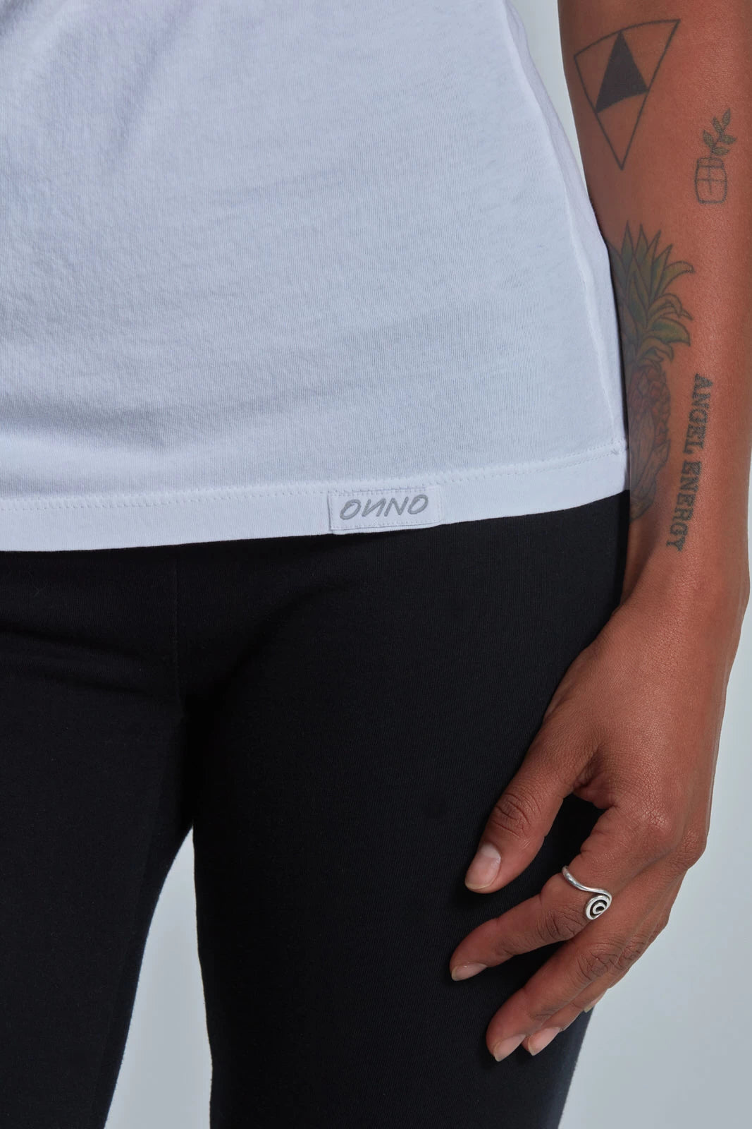 ONNO pima cotton t-shirt in White, Sage is 5'7" and wearing size XS.