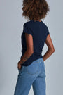 ONNO pima cotton t-shirt in Lapis, Sage is 5'7" and wearing size XS.