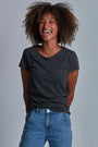 ONNO pima cotton t-shirt in Heathered Basalt, Sage is 5'7" and wearing size XS.